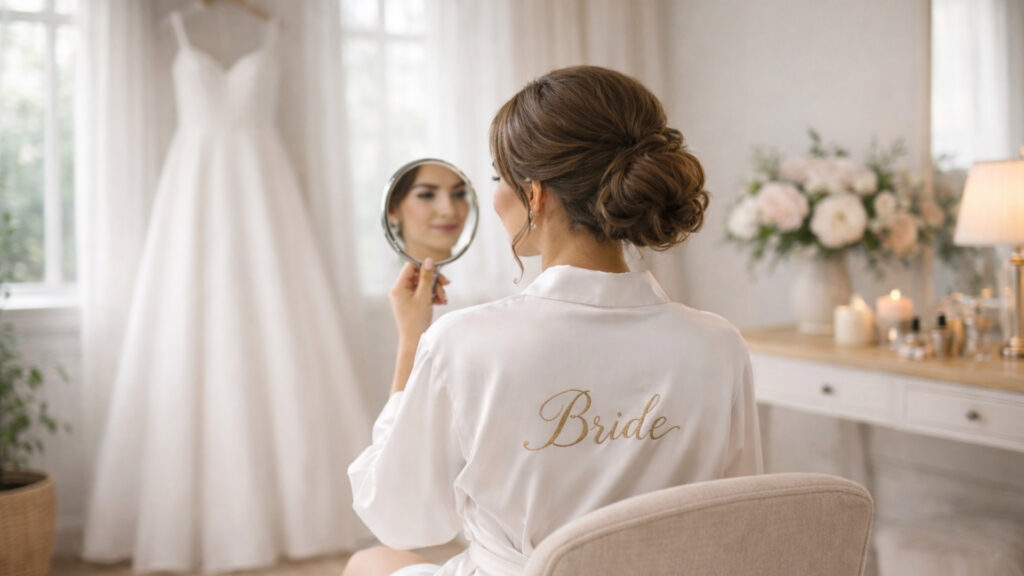 Bride sitting calmly in a modern Provençal bridal suite, wearing a white robe and holding a hand mirror while getting ready on her wedding morning