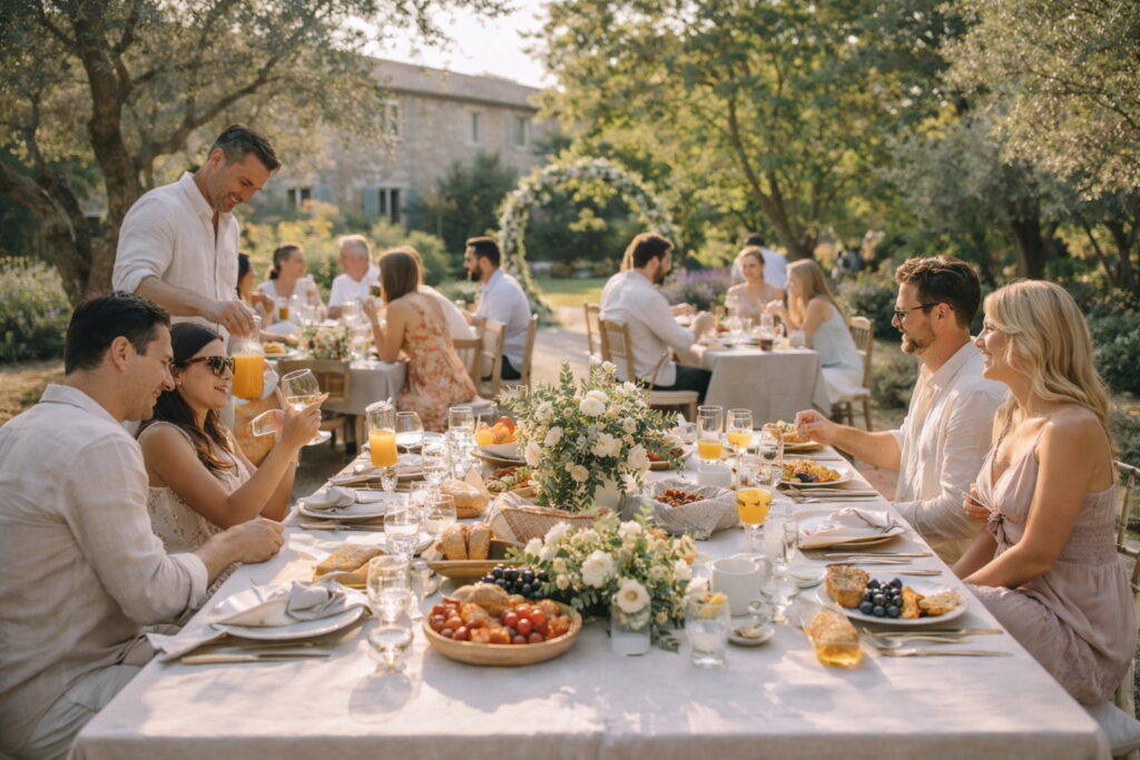 Guests enjoying a relaxed outdoor wedding brunch in a sunlit Provençal garden with long tables, fresh pastries, and floral arrangements.