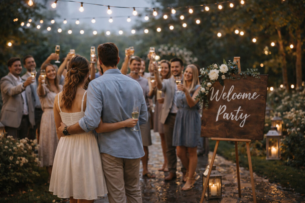 Couple in casual white dress and light blue shirt standing with guests at an outdoor wedding welcome party under string lights, friends raising glasses in celebration.