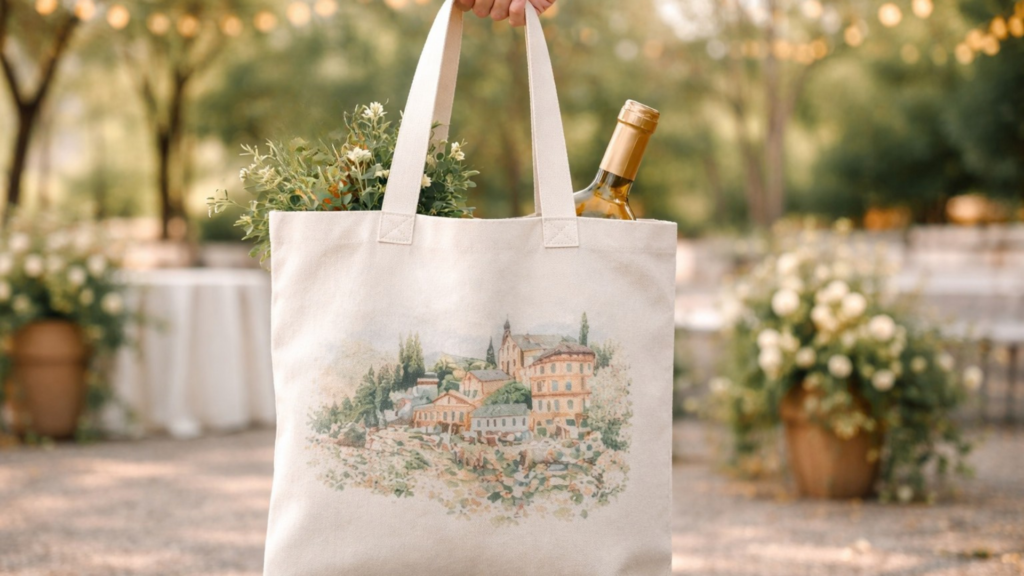 Close-up of a beige canvas wedding welcome tote bag with an Italy watercolor illustration, filled with baguette, wine bottle, and greenery, held outdoors at a romantic garden wedding venue.