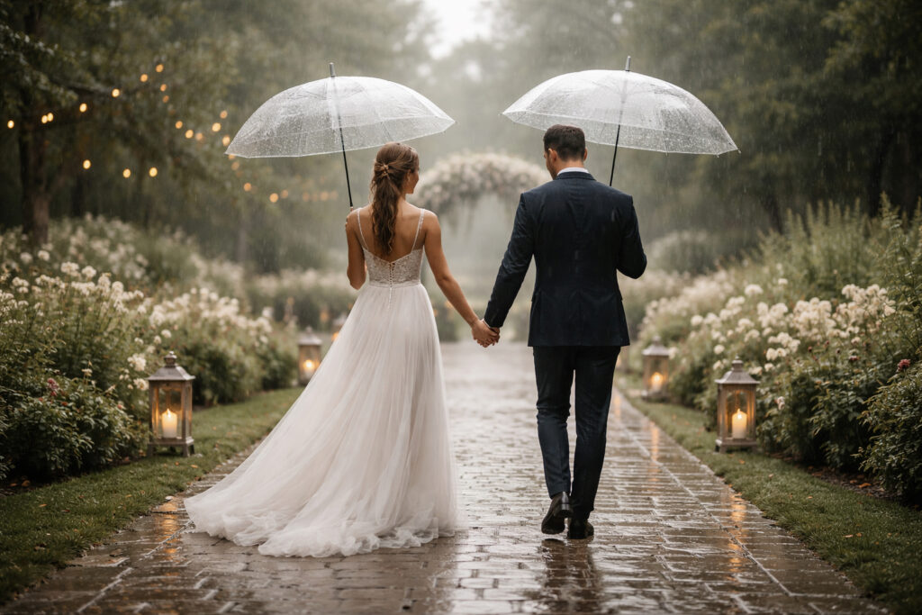 Bride and groom walking hand in hand under clear umbrellas on a rain-soaked garden cobblestone path, romantic overcast wedding scene with soft reflections.
