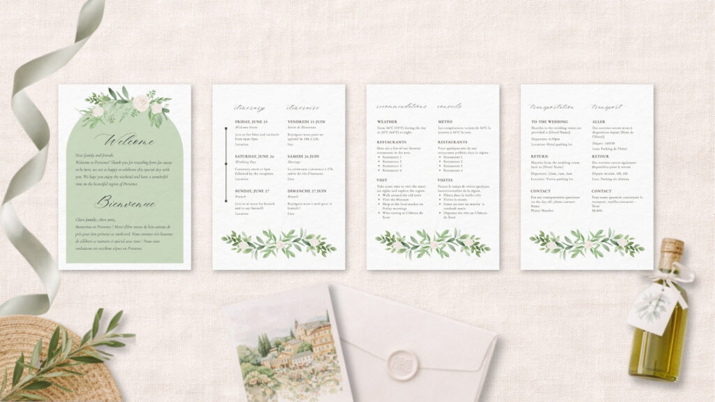 Flat lay of bilingual Provence wedding weekend itinerary cards on neutral linen with silk ribbon, olive oil favor bottle, envelope with wax seal, straw hat, greenery, and baby’s breath, styled for a destination wedding welcome suite.