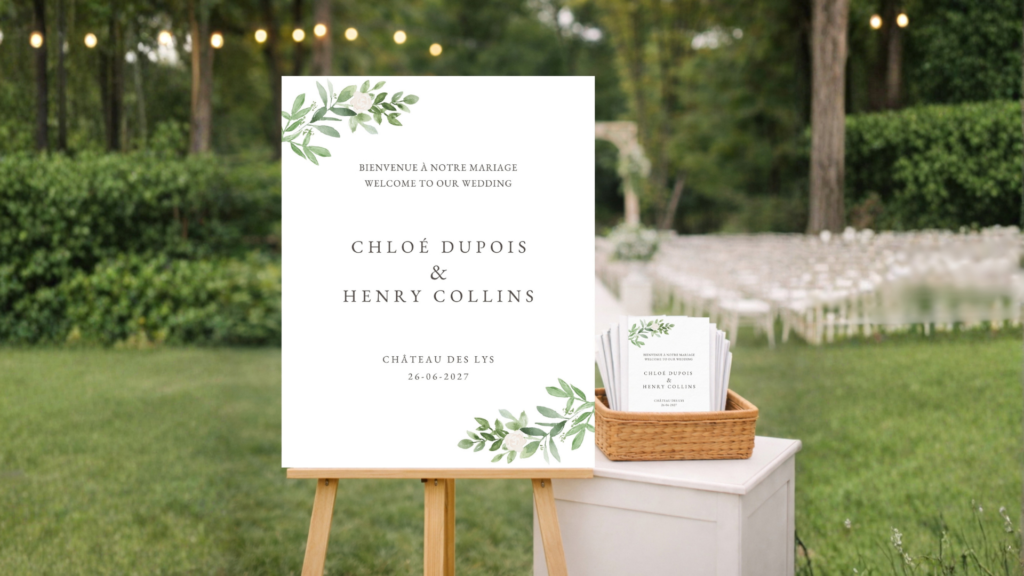 elegant bilingual wedding welcome sign and ceremony program in front of ceremony aisle for multicultural wedding ceremony.