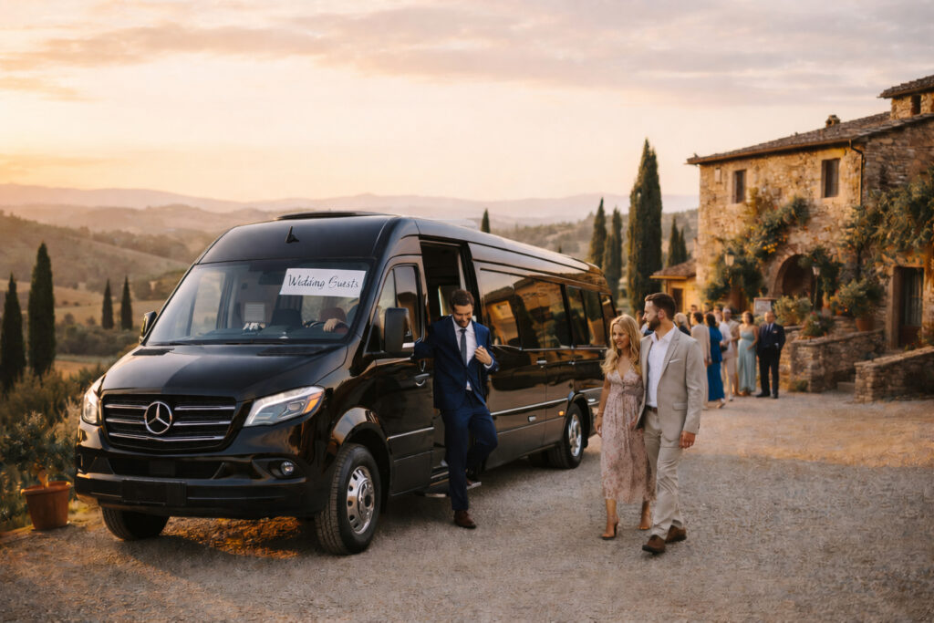 Black luxury wedding shuttle van arriving at a Tuscan villa at golden hour with guests stepping out in semi-formal attire.