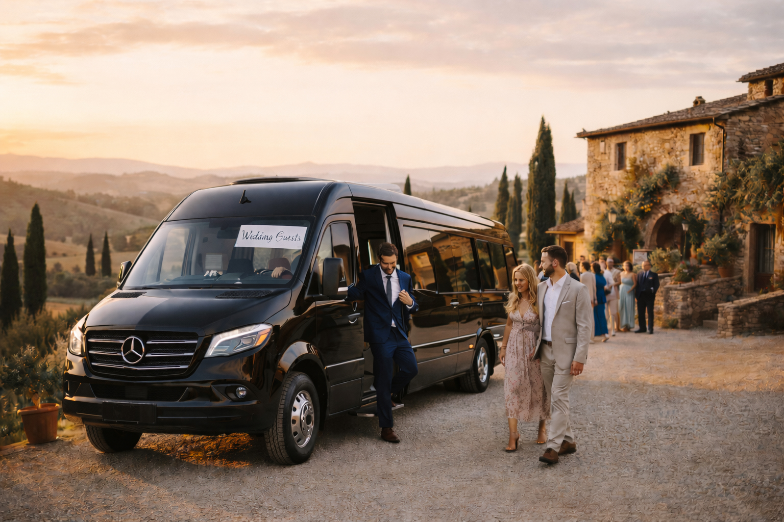 Black luxury wedding shuttle van arriving at a Tuscan villa at golden hour with guests stepping out in semi-formal attire.