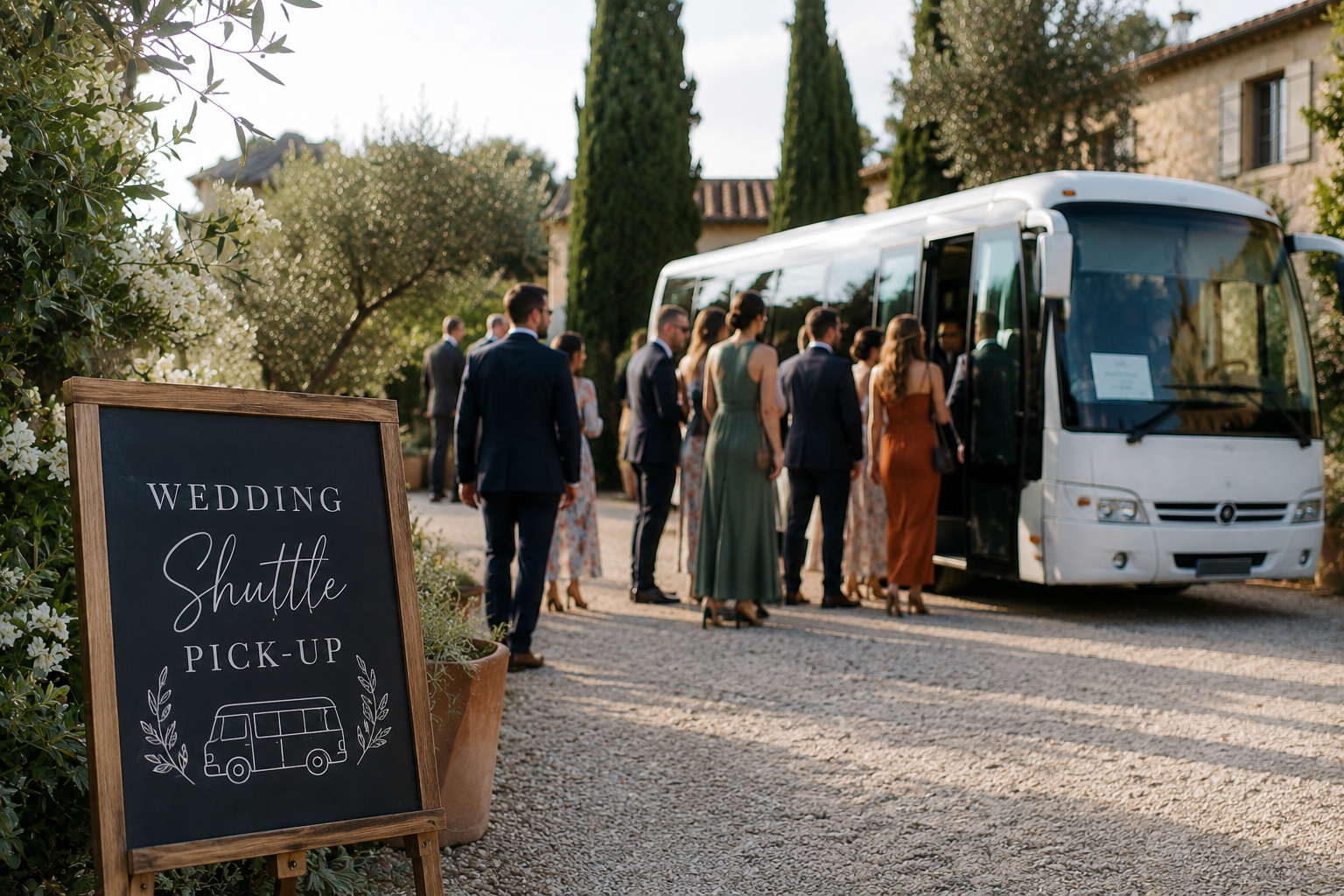 Wedding guests boarding a shuttle bus outside a wedding venue, with a shuttle pickup sign guiding transportation for the ceremony and reception.