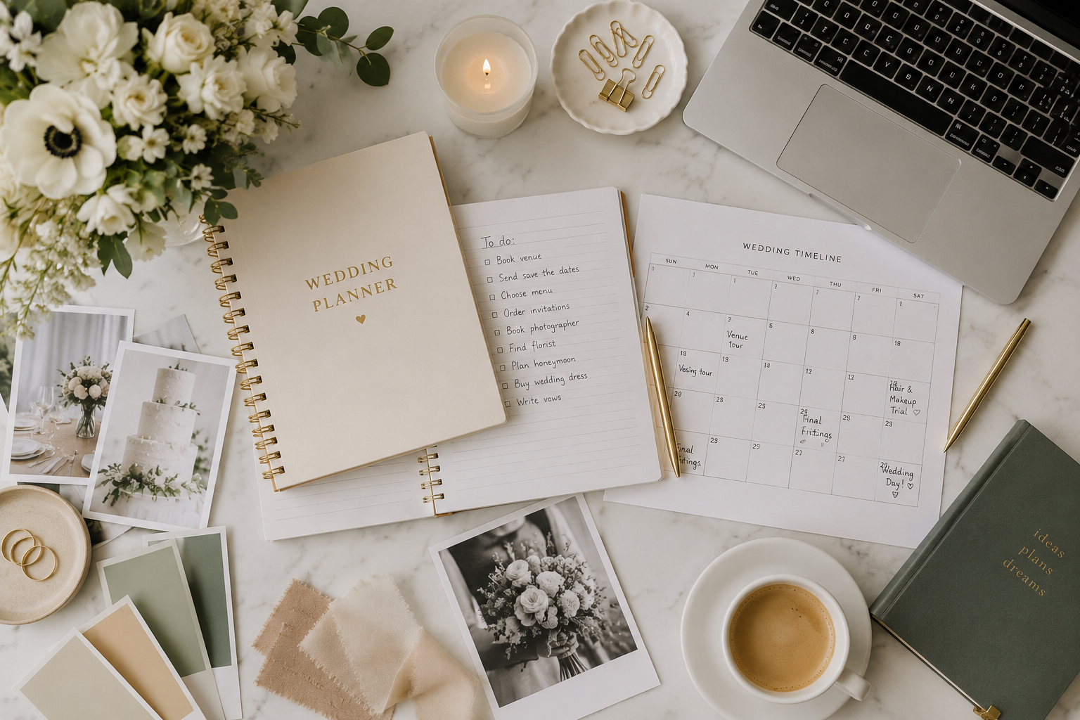 Wedding planning flat lay featuring a planner, timeline, checklist, laptop, wedding inspiration photos, fabric swatches, coffee, and stationery arranged on a marble desk.