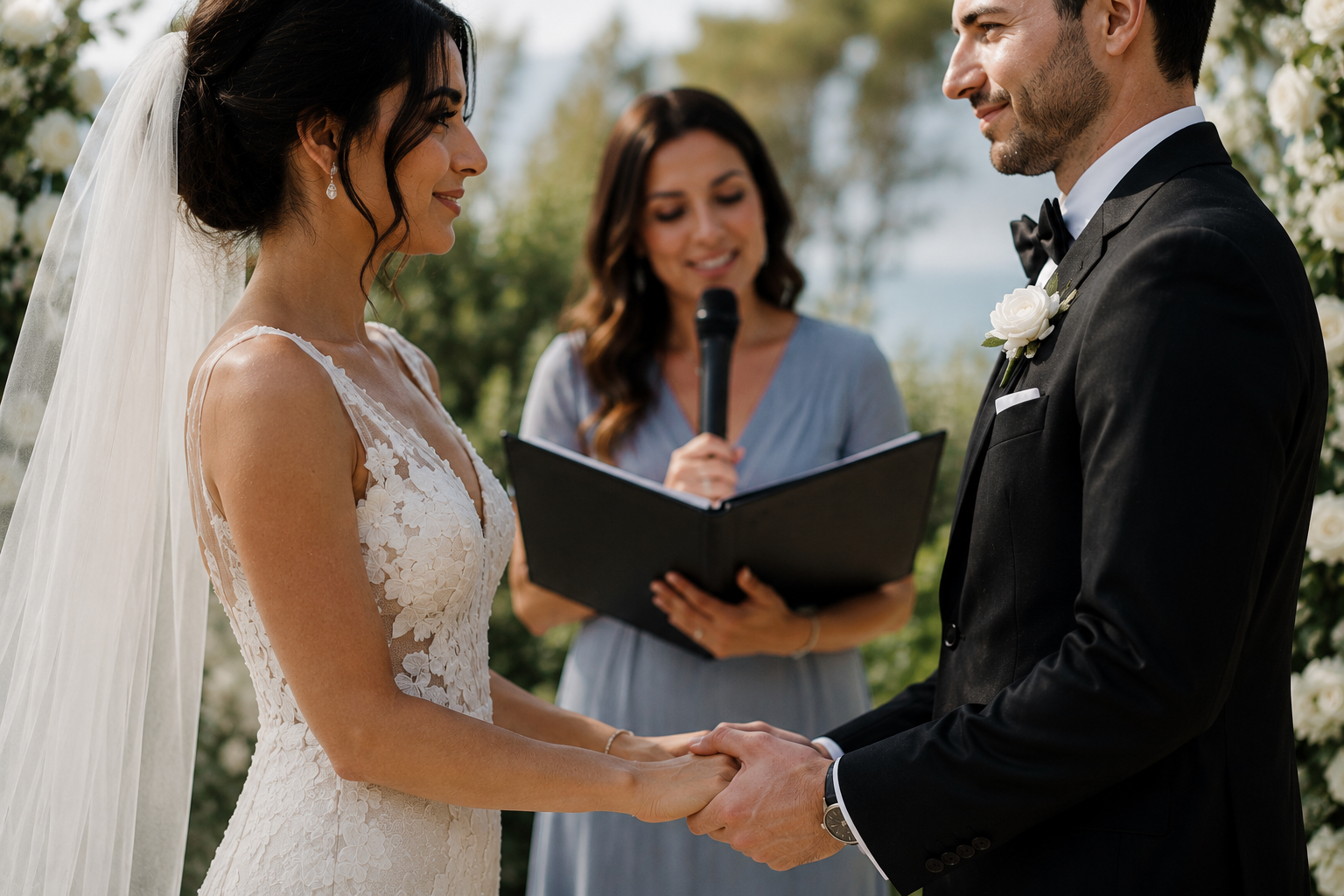 Bride and groom holding hands during an outdoor bilingual wedding ceremony as an officiant leads the ceremony in the background.