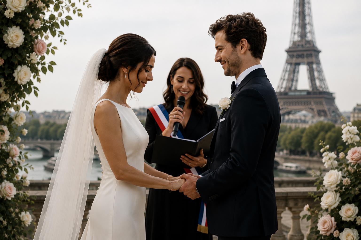 Home Bride and groom exchanging vows during a romantic wedding ceremony in Paris with the Eiffel Tower in the background, celebrating a French-English destination wedding.