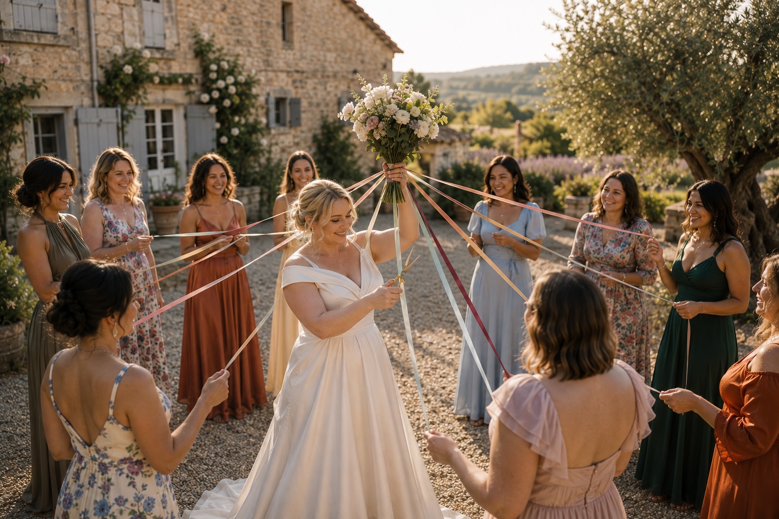 Home Bride playing the French ribbon game (jeu du ruban) during a wedding in Provence, surrounded by guests holding colorful ribbons attached to her bouquet in a joyful outdoor celebration.