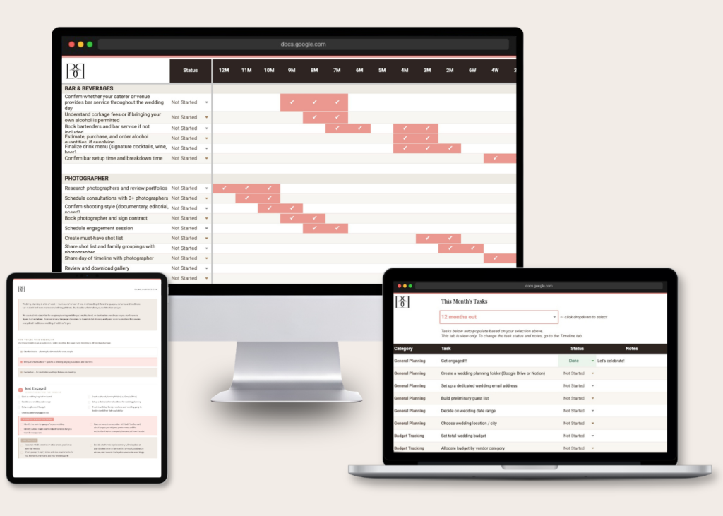 Wedding planning tools and dashboards mockup on one large Mac screen, laptop, and iPad.