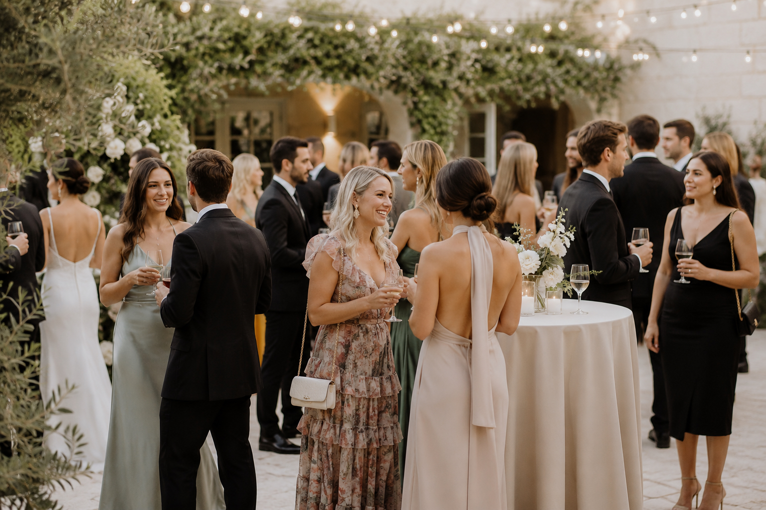 Wedding guests mingling during an outdoor cocktail hour, enjoying drinks and conversation around cocktail tables in an elegant garden reception with string lights and floral décor.