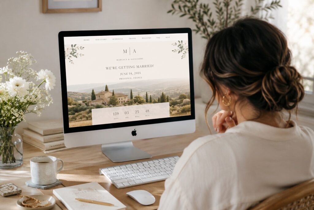 Woman viewing a wedding website on a desktop computer while planning her wedding from a bright, modern home office.